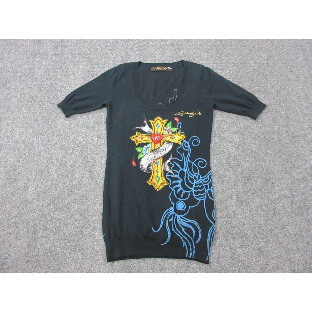 Ed Hardy Sweater Tunic Womens Small Black‎ Tattoo Cross Rhinestone Graphic Koi